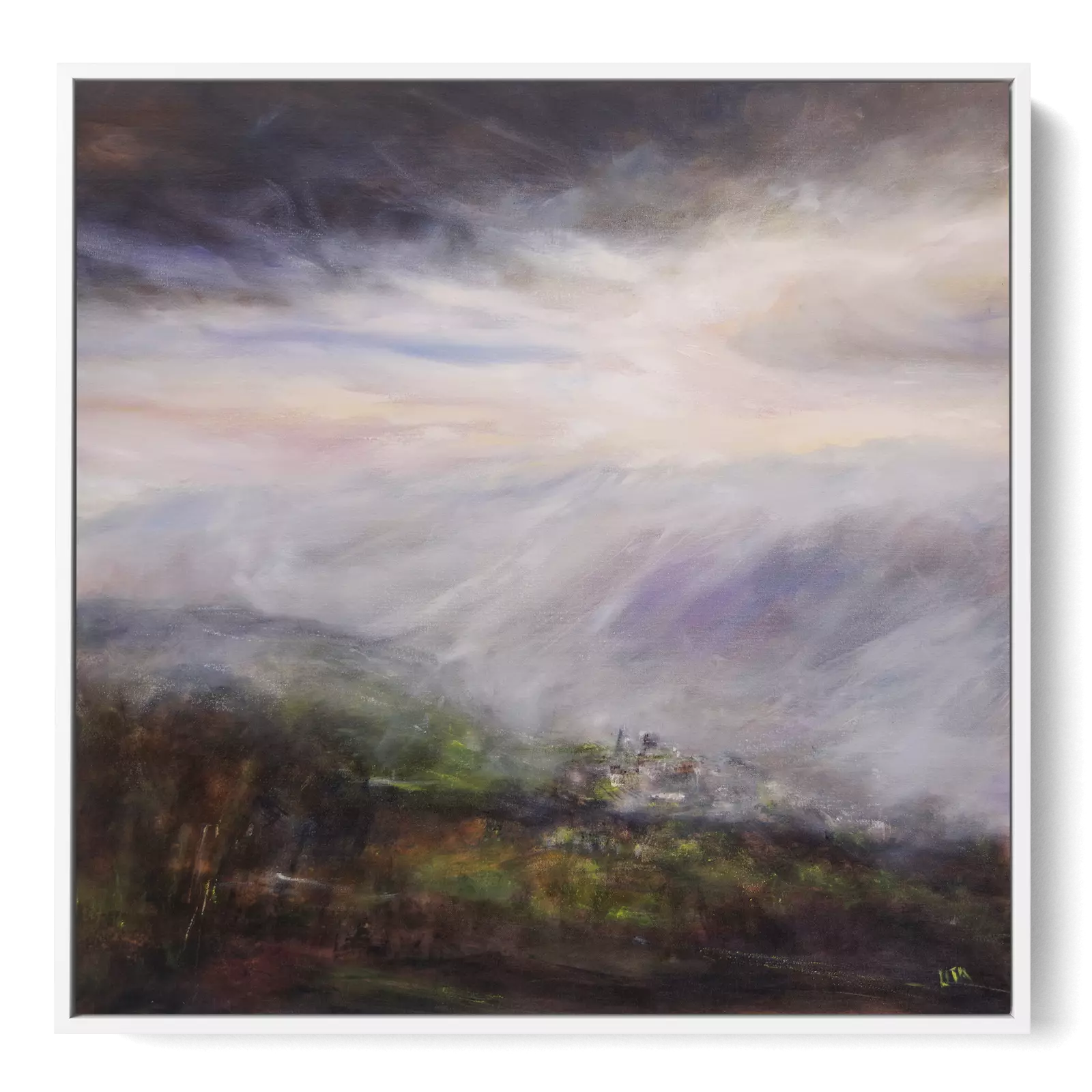 'Mist Over Pendle' White float framed wall art canvas
